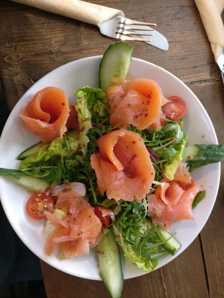 Smoked salmon salad with rocket, cucumber and wholegrain mustard dressing